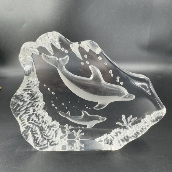 Vintage Clear Crystal Glass Plaque Paperweight Dolphins Figurine Decorative VTG - Picture 13 of 13